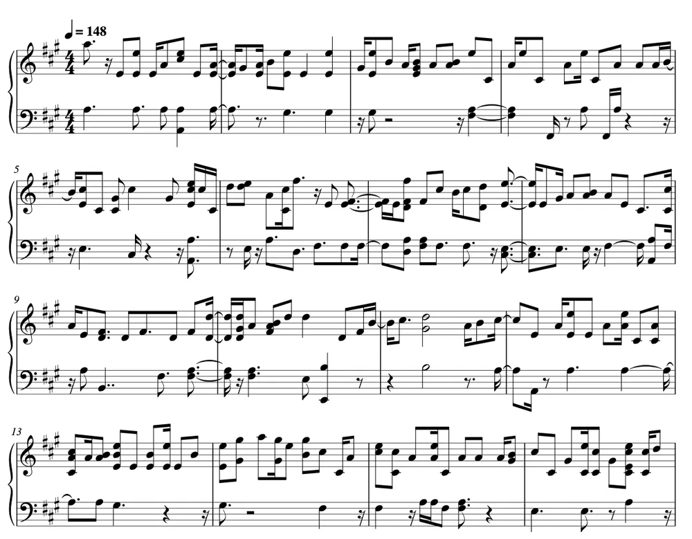 Piano sheet music transcribed from an audio recording, with treble and bass staves in A major